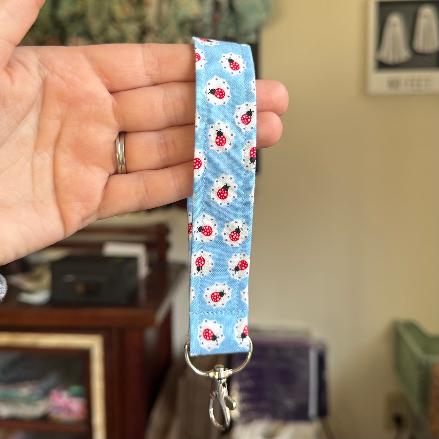 Blue Ladybug Fabric Keychain Wristlet