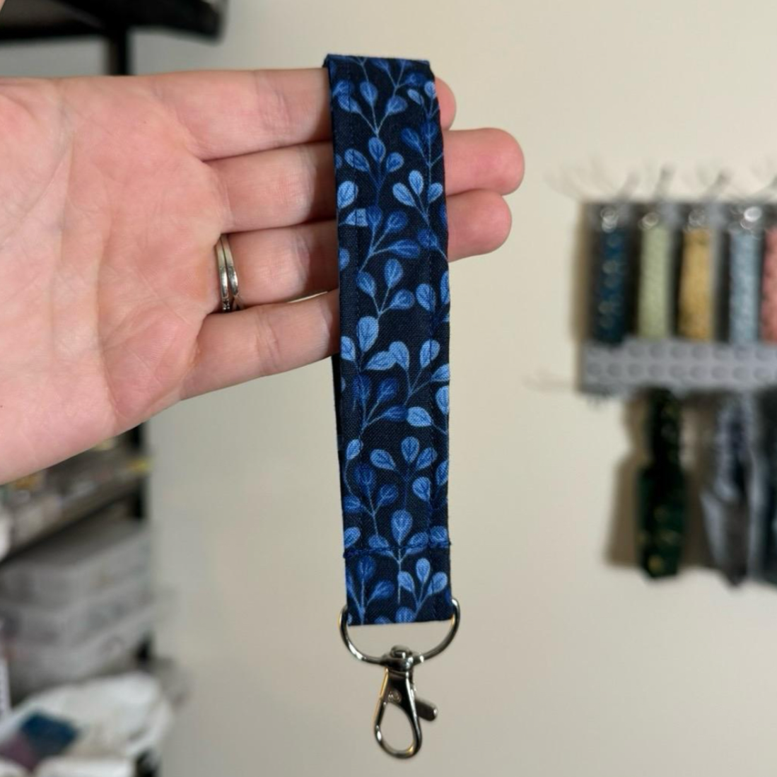 Dark Navy Eucalyptus Leaves Fabric Keychain